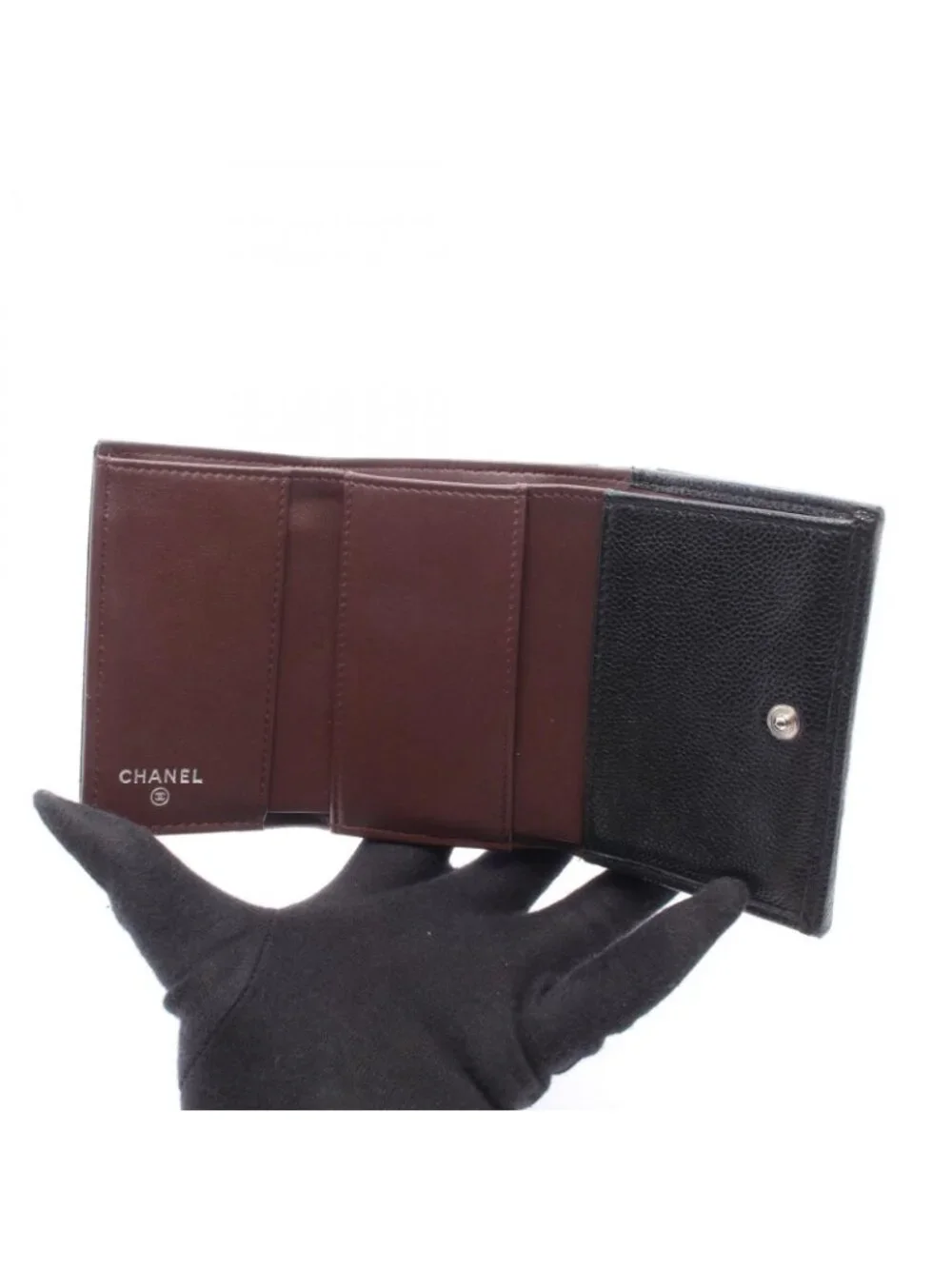 Chanel Trifold Wallet Classic Small Flap Quilted Black Caviar Leather Compact